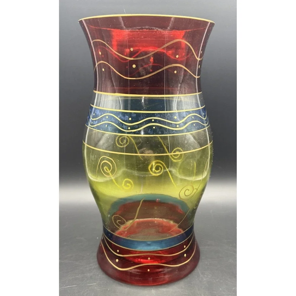 Vintage Pier 1 Hand Painted Glass Hurricane Vase Colorful Swirl 12